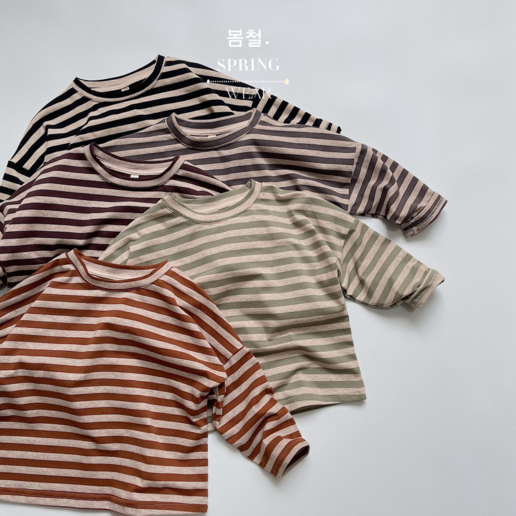 Schema de culori Kaji ~ Tricou clasic coreean pentru copii, cu dungi, din bumbac pur, pentru băieți și fete, cu mânecă lungă la modă_voghion.com