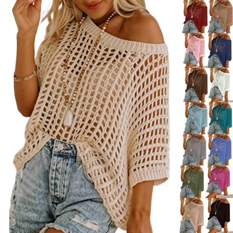 2025 Cross-border Foreign Trade Summer Half-sleeve Sexy Hollow Pick-up Hollow Top Pullover Beach Blouse Knitted Sweater for Women