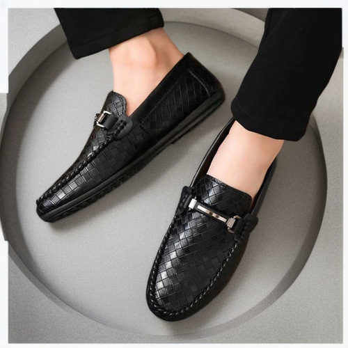 Men's Large Size Moccasin Shoes, Autumn, Black, Casual Slip-On Work Shoes