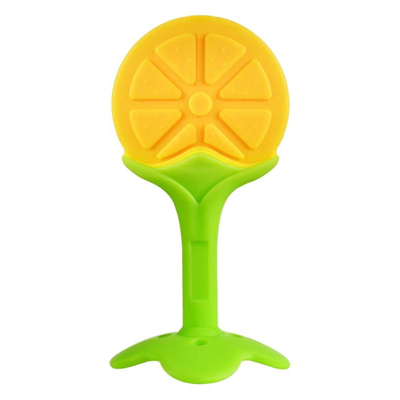 Venta al por mayor de silicona bebé mordedor fruta forma mordedor recién nacido de dos colores tridimensional teether palo con caja