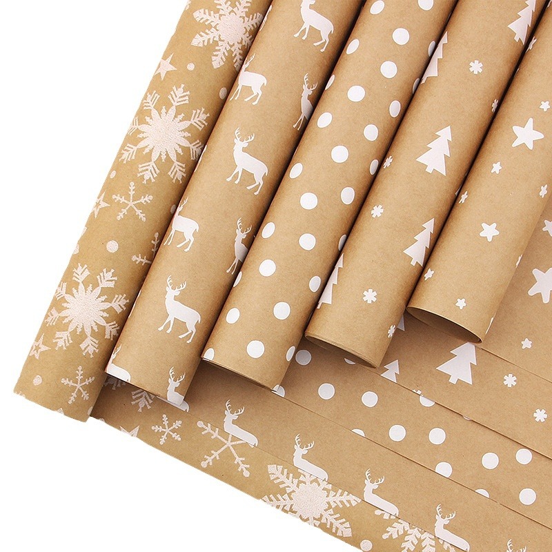 Amazon transfronterizo 90g papel Kraft papel de embalaje vintage árbol de Navidad copo de nieve Paquete de regalo flor papel DIY en stock al por mayor