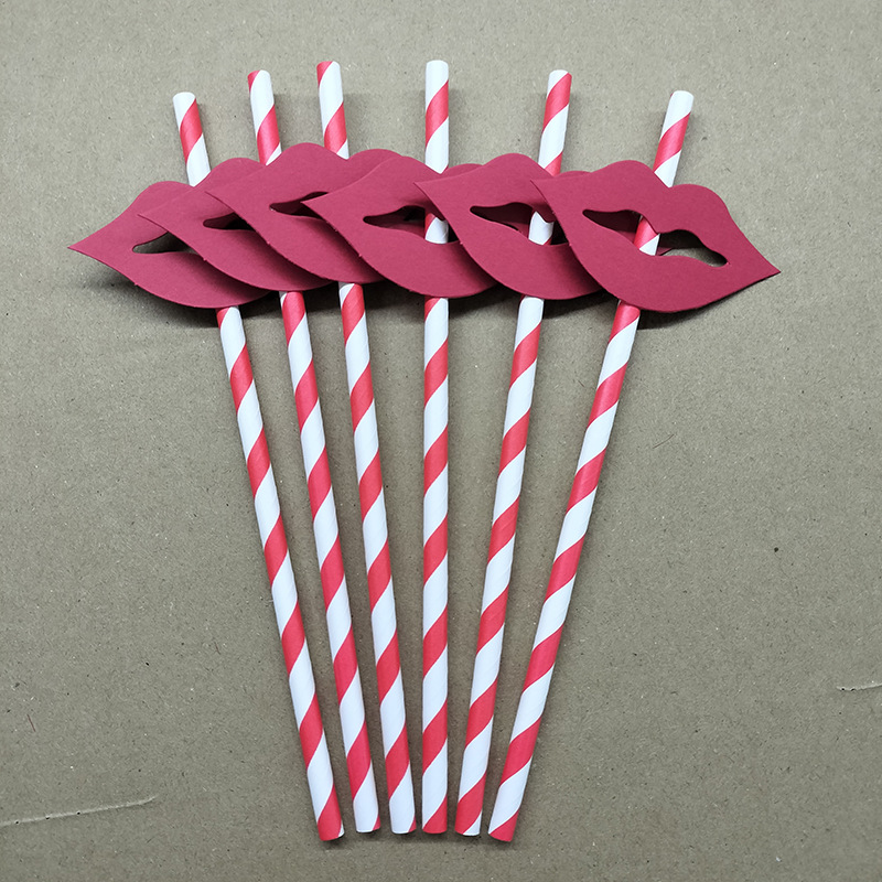 Paja de papel labio Rojo Tarjeta desechable degradable fiesta de boda paja postre pastel bebida paja decorativa