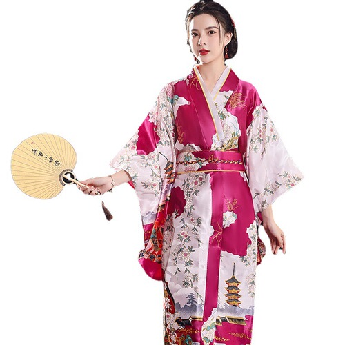 New Japanese style kimono for women, silk satin, large size nightgown, bathrobe, home clothes, ethnic style stage performance clothes, photo clothes