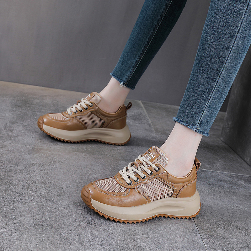 Giày sneaker nữ chunky đế dày da bò lỗ thoáng khí — màu trắng