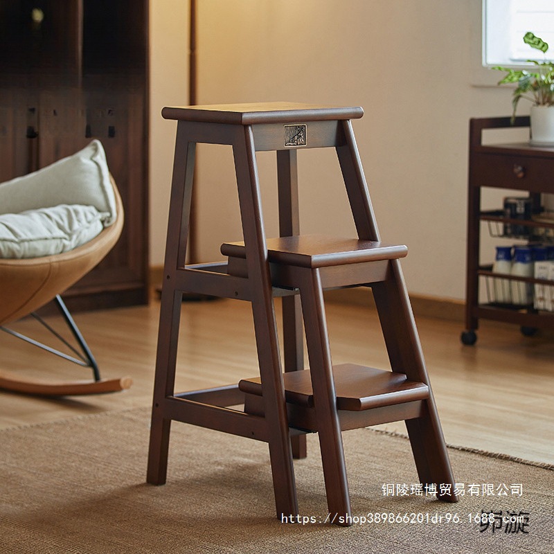 Solid Wood 3-Step Ladder Indoor Plant Stand Two-Way Step Ladder Home Foldable Telescopic Multi-Functional Step Stool
