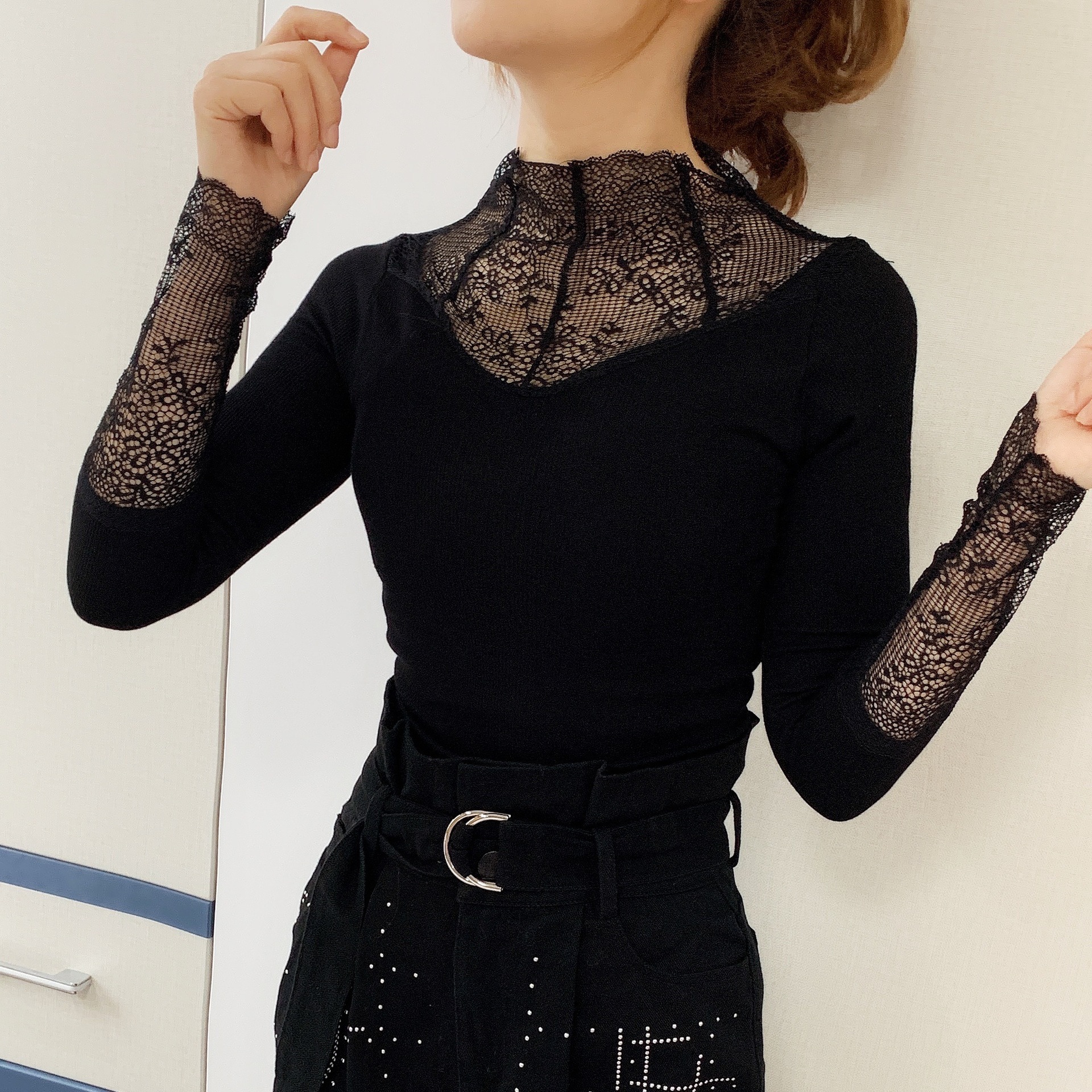 2020高领女神衣冬季大版加绒加厚保暖内衣半高领蕾丝打底衫