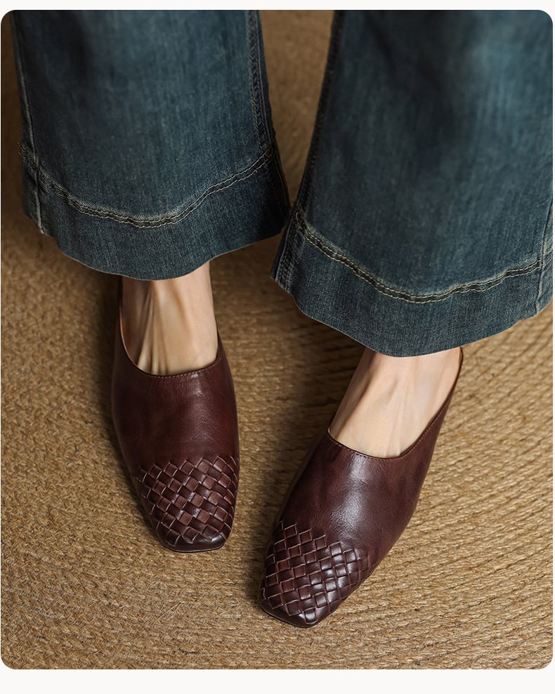 Giày mule nữ da bò mũi vuông miệng nông đế bệt — màu nâu chi tiết 14