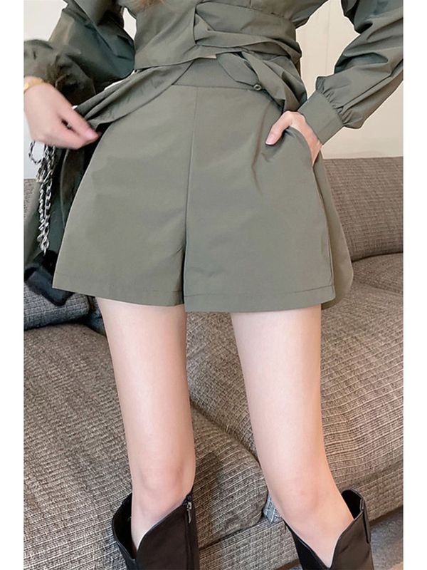 韩版新款穿搭法式设计感长绑带袖收腰衬衫连衣子+短裤两件套装秋|undefined