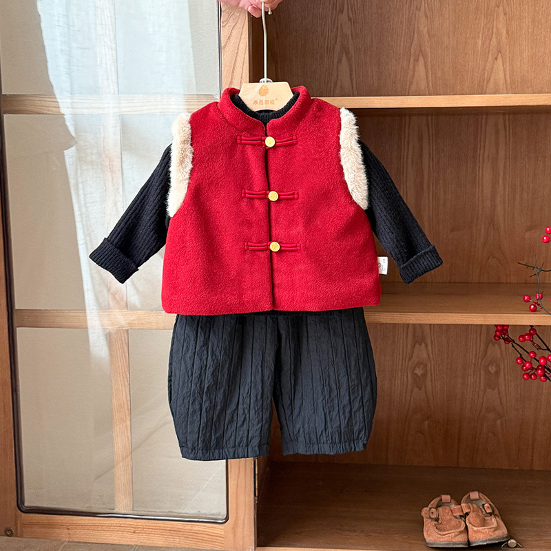 婴儿衣服拜年服冬季男宝宝套装加厚一岁男婴幼儿中国风冬款三件套