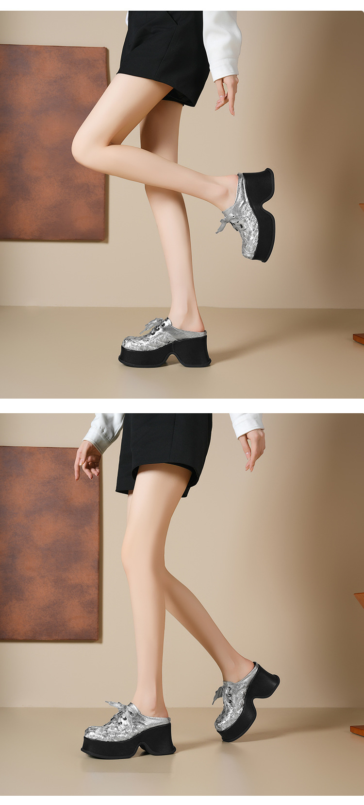 Giày mule nữ bít mũi đế dày da cừu màu bạc, gót 9cm, dệt kim, phong cách lười — Màu đen, Màu bạc chi tiết 6