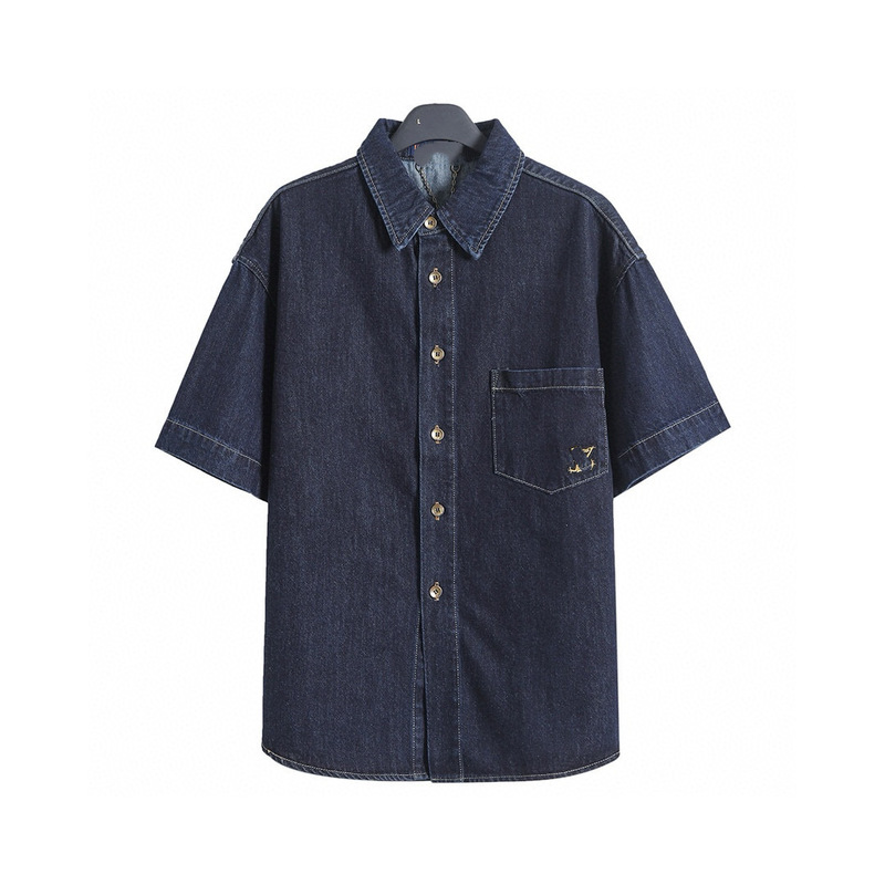 Gao Ding Independent Men's and Women's Rope Signature Letter Embroidered Denim Short-sleeved Shirt Shorts suit Loose Cross-border Gao Ding Independent Men's and Women's Rope Signature Letter Embroidered Denim Short-sleeved Shirt Shorts suit Loose Cross-border