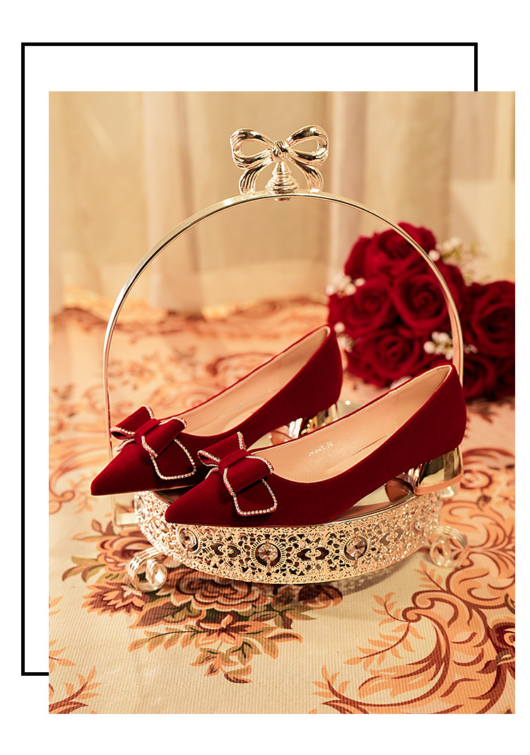 3333H-058 Low Heel Pointed Toe Suede Bow Festive Wedding Party Shoes Comfortable Red High Heels_voghion.com