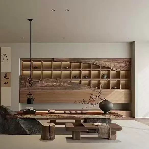 老榆木墙上展示柜茶具古玩收藏置物架侘寂风禅意民宿茶叶博古架