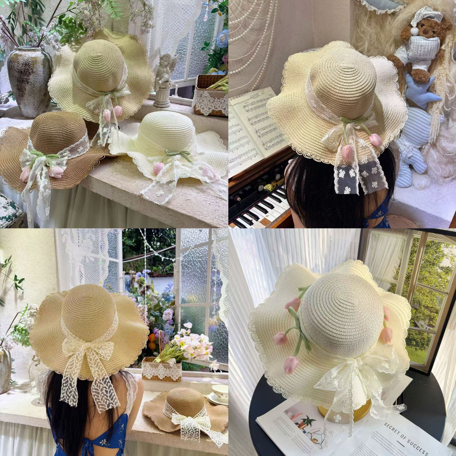 夏季合集花朵蝴蝶结大檐帽女防晒遮阳帽子沙滩太阳帽海边出游草帽