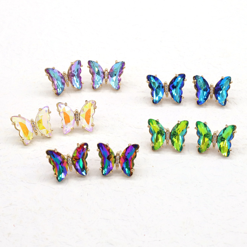 Mode Bunte Kristall Fee Schmetterling Kupfer Stud Ohrringe display picture 3