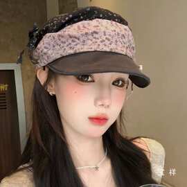 韩系撞色碎花蝴蝶结八角贝雷帽小众复古显脸小遮阳马术氛围帽子女