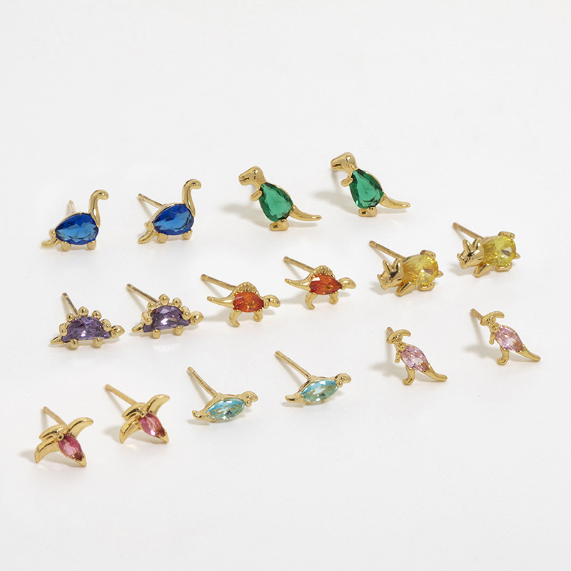 1 Pair Simple Style Streetwear Dinosaur Inlay Copper Zircon Ear Studs display picture 2