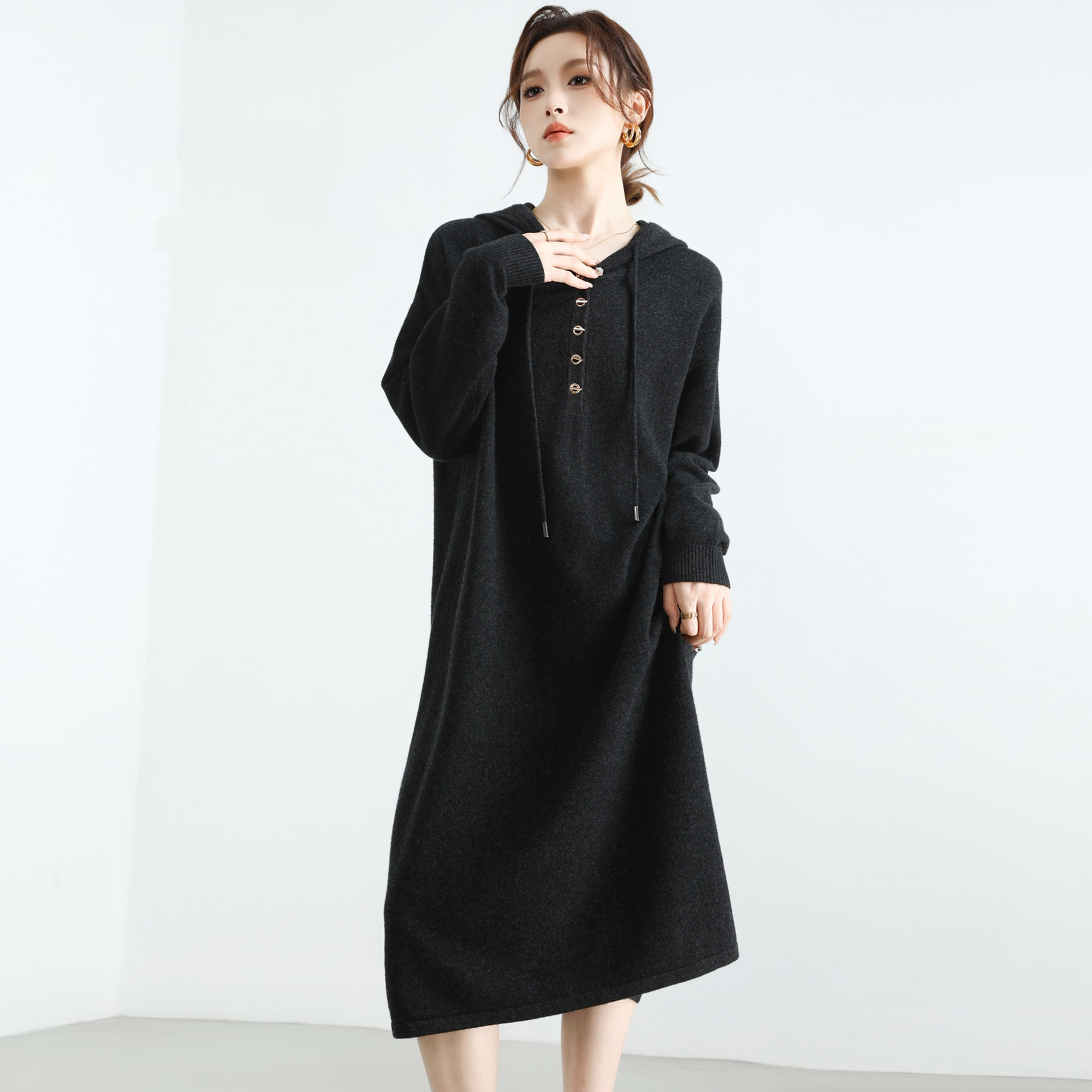 针织连衣裙秋冬新款100%羊毛连帽长款毛衣裙宽松气质优雅长款帽衫