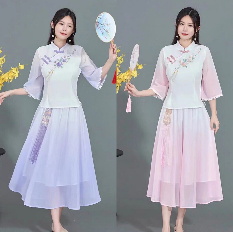 Hanfu Summer Republic of China Improved Antique Cheongsam Two-piece Set Small Fresh Cotton and Linen Suit Chinese Style Tea Art Clothing