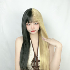 Wig female air bangs long straight hair black and red color matching yin and yang color high temperature silk wig headgear wholesale