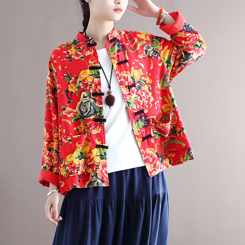 2121喜墨厂家春季棉麻复古做旧女装立领民族风外套盘扣宽松上衣