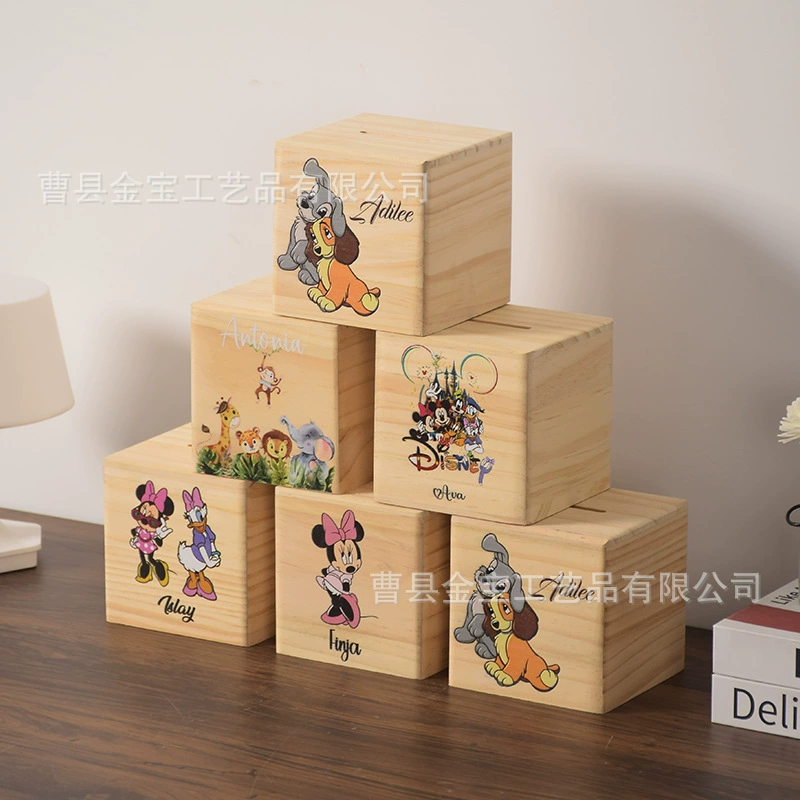 Спотовая деревянная квадратная копилка мультипликационная печатная коробка для хранения монет коробка для детей из цельного дерева доллар копилка для монет