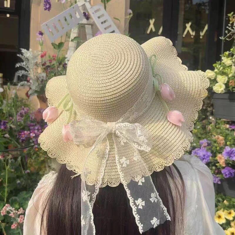レースリボン大きなつば麦わら帽子 2025 新しい海辺のビーチ日焼け止め帽子女性の美しい日よけ帽子|undefined