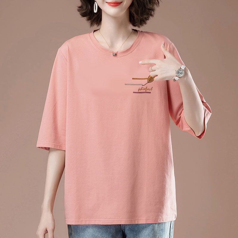 貿易輸出 綿100% 七分袖Tシャツ ゆったりお腹カバー 五分袖 洋風 春夏 大きいサイズ レディース トップス|undefined