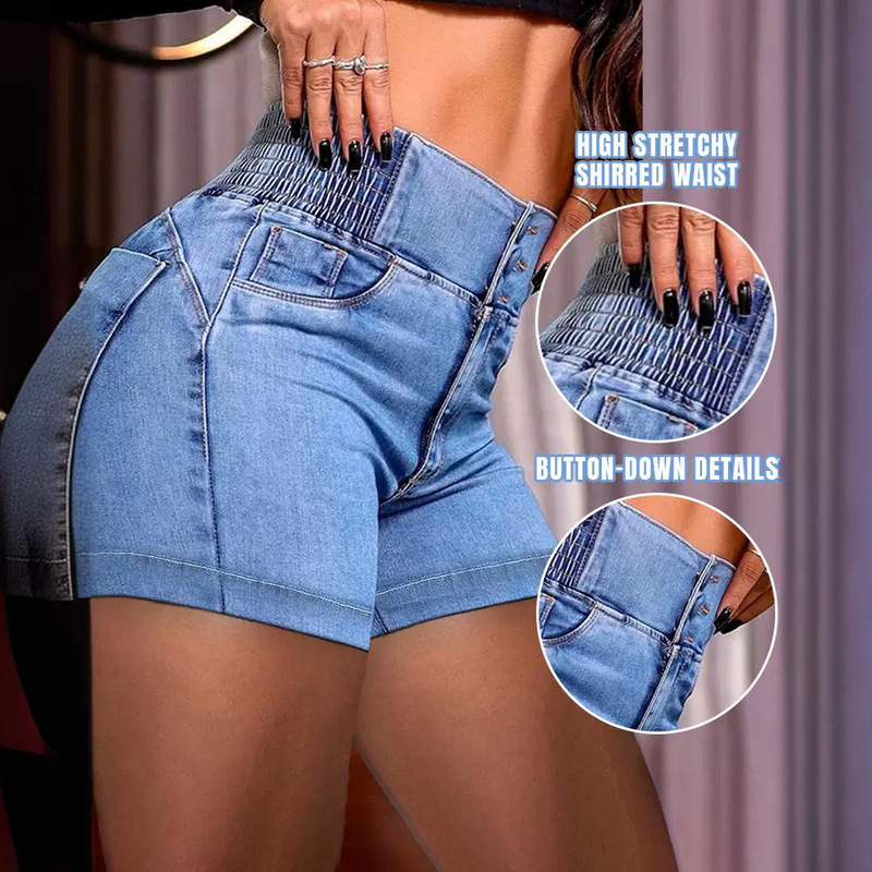 2025 Cross-Border European and American Foreign Trade Autumn Amazon Zippered High-Waisted Elastic Waistband Pocketed Stretch Denim Shorts