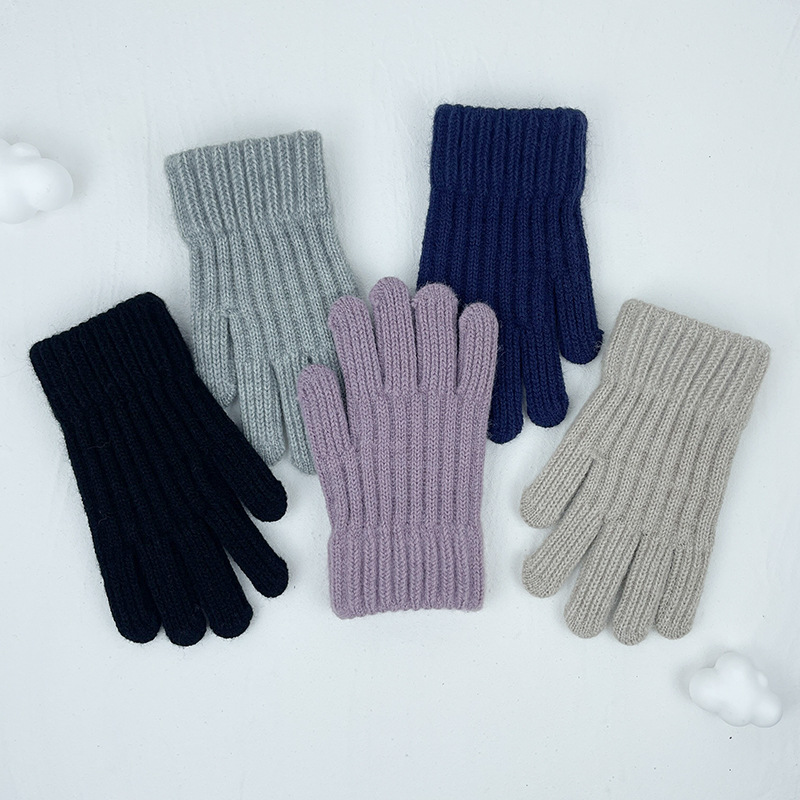 Children's gloves autumn and winter boys and girls cold-proof warm wool knitted student solid color finger Korean style gloves wholesale