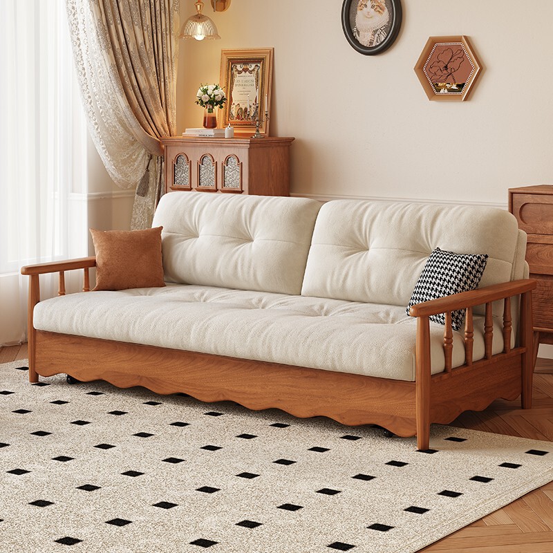 French-Style Solid Wood Sofa Bed, Foldable Single Bed, Dual-Purpose for Home Use, Suitable for Small Apartments, Vintage Style, Can Be Stored, Double Bed