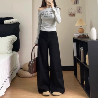 【韩牛】高腰宽松松弛感显瘦女裤垂感黑色高腰阔腿裤拖地牛仔裤