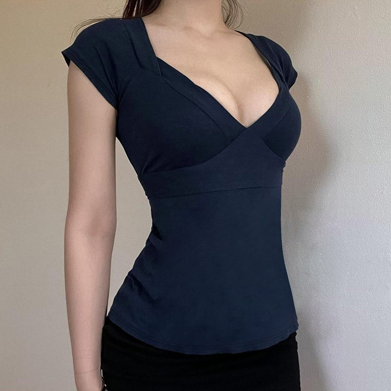 Girl's Style Short-sleeved Top With Tie-up Bow, Waist-cinching, Slimming, Sexy V-neck, Casual And Versatile_ecoleips.com