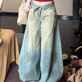 美式高街设计感做旧脏染牛仔裤子女春季新款辣妹翻折腰头弯刀长裤