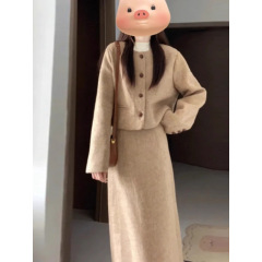 韩系穿搭套装小香风感毛呢外套秋冬新款修身显瘦半身裙两件套