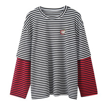 2025秋季新款女装潮流百搭印花撞色条纹拼接长袖T恤上衣450200