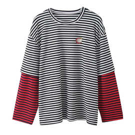 2025秋季新款女装潮流百搭印花撞色条纹拼接长袖T恤上衣450200