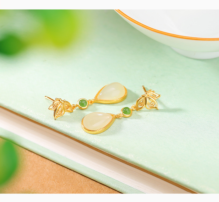 Khuyên tai nữ bạc S925 mạ vàng phong cách Trung Hoa cổ điển hình bướm hoa lụa rỗng giọt nước — Một cặp chi tiết 4