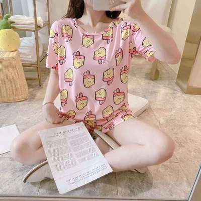 女性用夏の半袖パジャマ、キュートで甘い漫画の半袖プラスサイズのレディースレターガールホームウェア薄手のスーツ|undefined