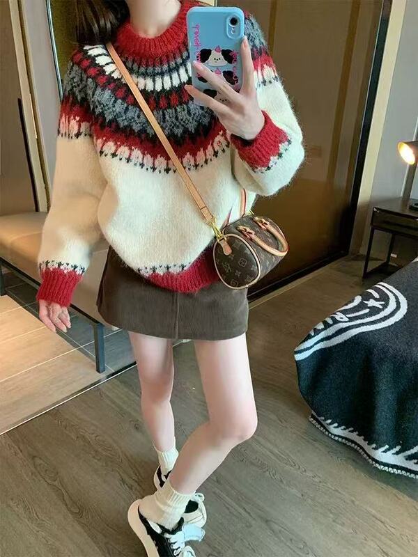 费尔岛套头毛衣女超厚高级感2025新款秋冬复古韩系宽松内搭针织衫|undefined
