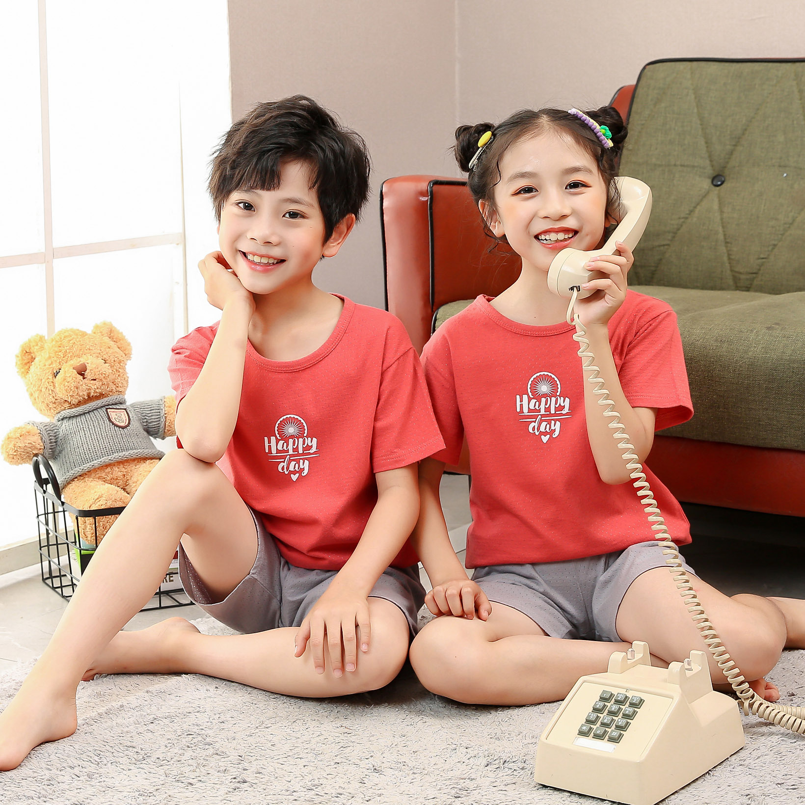 Korean Edition Breathable cotton Home Furnishings Children Sweat Mesh Summer wear men and women Short sleeved suit breathing Air conditioning service