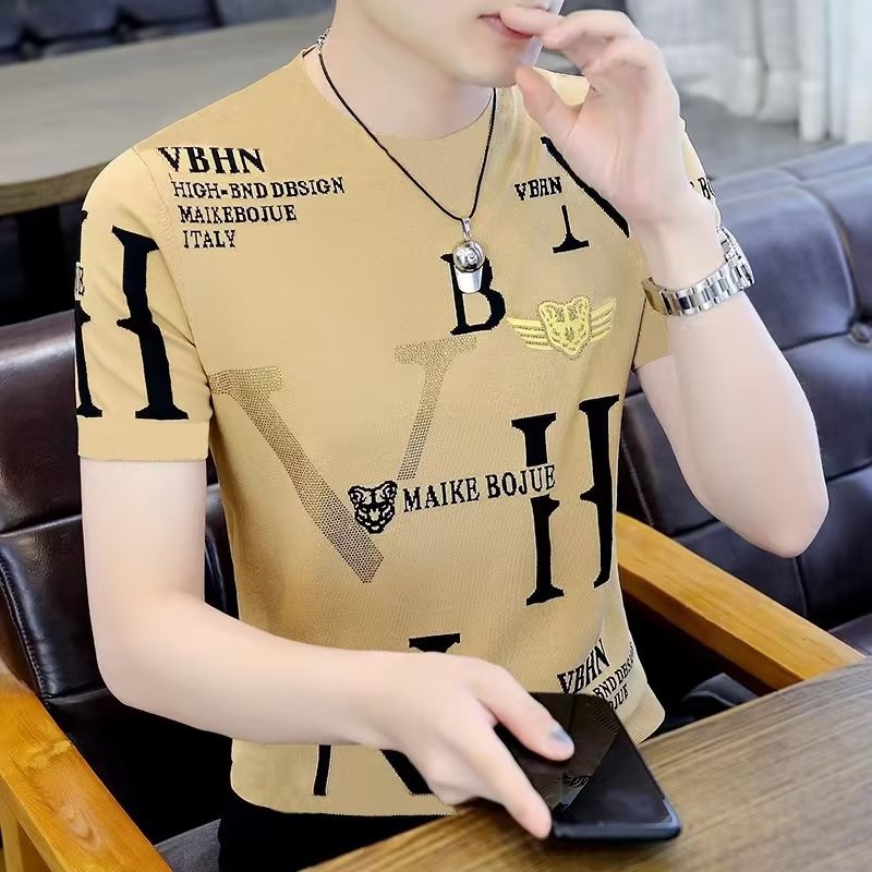 Camisa menos ropa verano nueva camiseta de manga corta de seda de hielo hombres cuello redondo marca de moda ropa superior delgada Camiseta slim fit