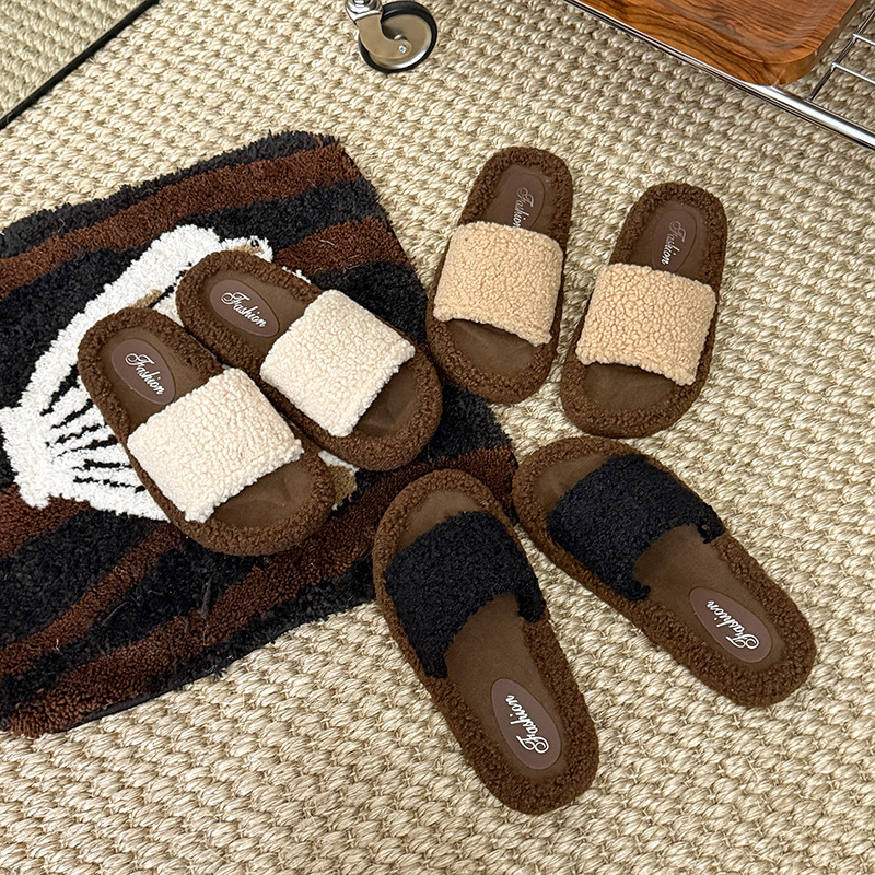 家居厚底毛毛拖鞋女外穿秋冬新款韩版温柔仙女一字带平底加绒棉鞋|undefined