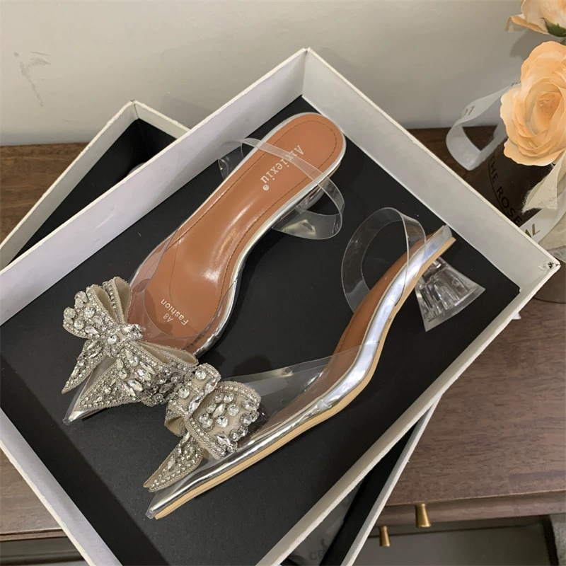 2025 Новый стиль страз бант на толстом каблуке сандалии с заострением прозрачной пленки на каблуке женские туфли