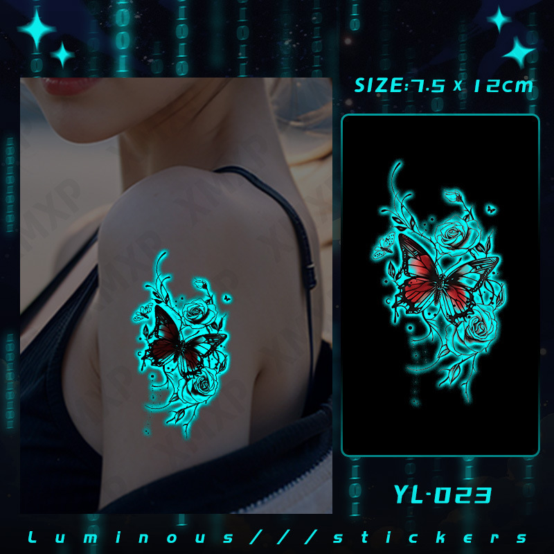 Xm&Xp Blue Luminous Tattoo Sticker Female Waterproof Long-Lasting Ins Gothic Retro Dark Rose Butterfly Flower