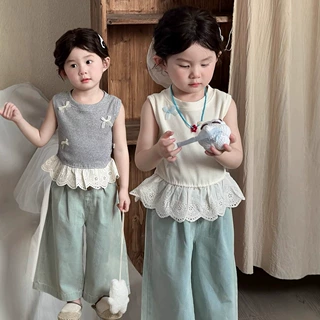女童甜美风上衣女宝宝夏装衣服公主蕾丝花边无袖T恤儿童短款小衫