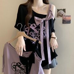 大きいサイズの立体リボンオフショルダー半袖Tシャツ女性用2025年夏新作ゆったり痩身おしゃれトップス