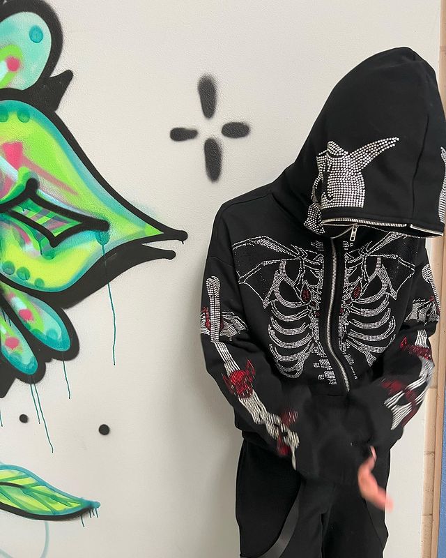 Maglione da uomo con cappuccio con cerniera calda con teschio Y2K Top allentato da donna 2023_voghion.com