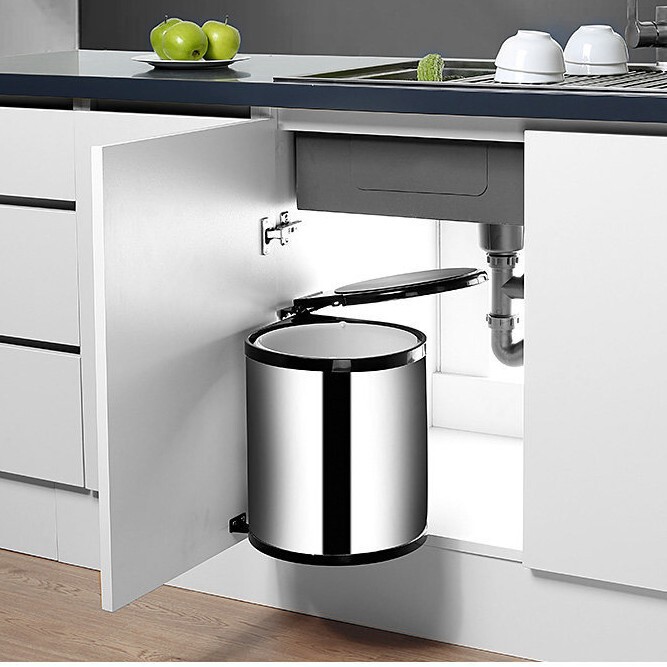 Stainless Steel Kitchen Cabinet with a Twist-Open Trash Can, Thickened with Integrated Door, Complete Hardware, Household Sink Cabinet with Built-In Hidden Feature