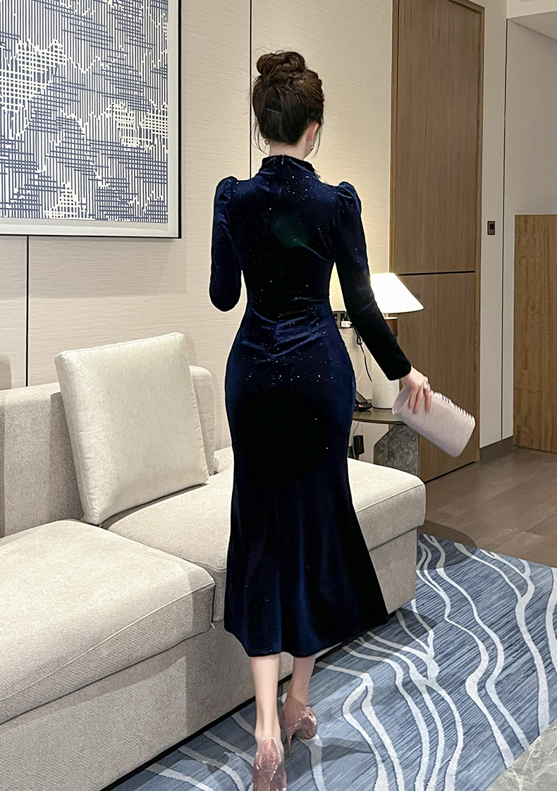 Đầm dạ hội nữ kiểu Pháp cổ tròn ôm sát hông chất nhung lấp lánh — Màu xanh lam chi tiết 14